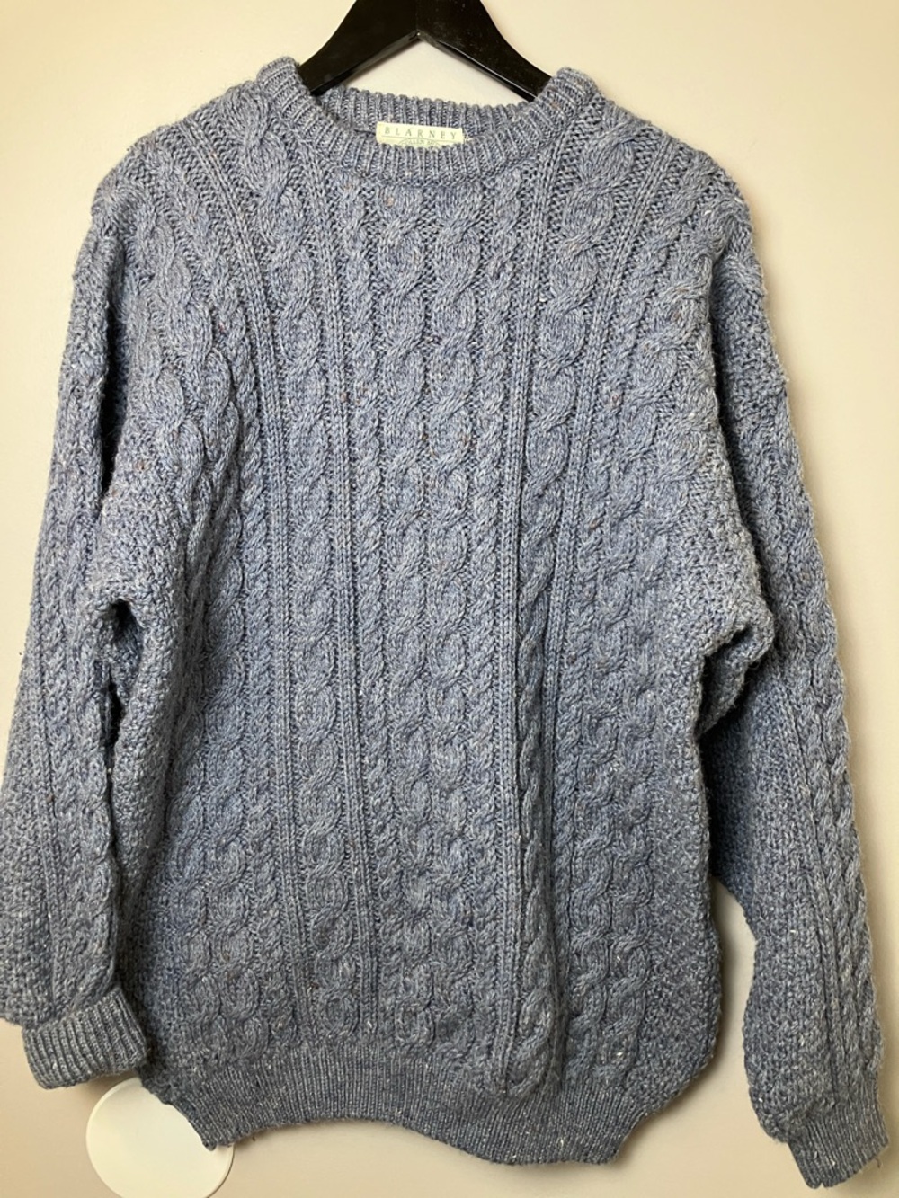Blarney Woollen Mills Cable Knit Crewneck Blue Fisherman Wool Sweater Size XL